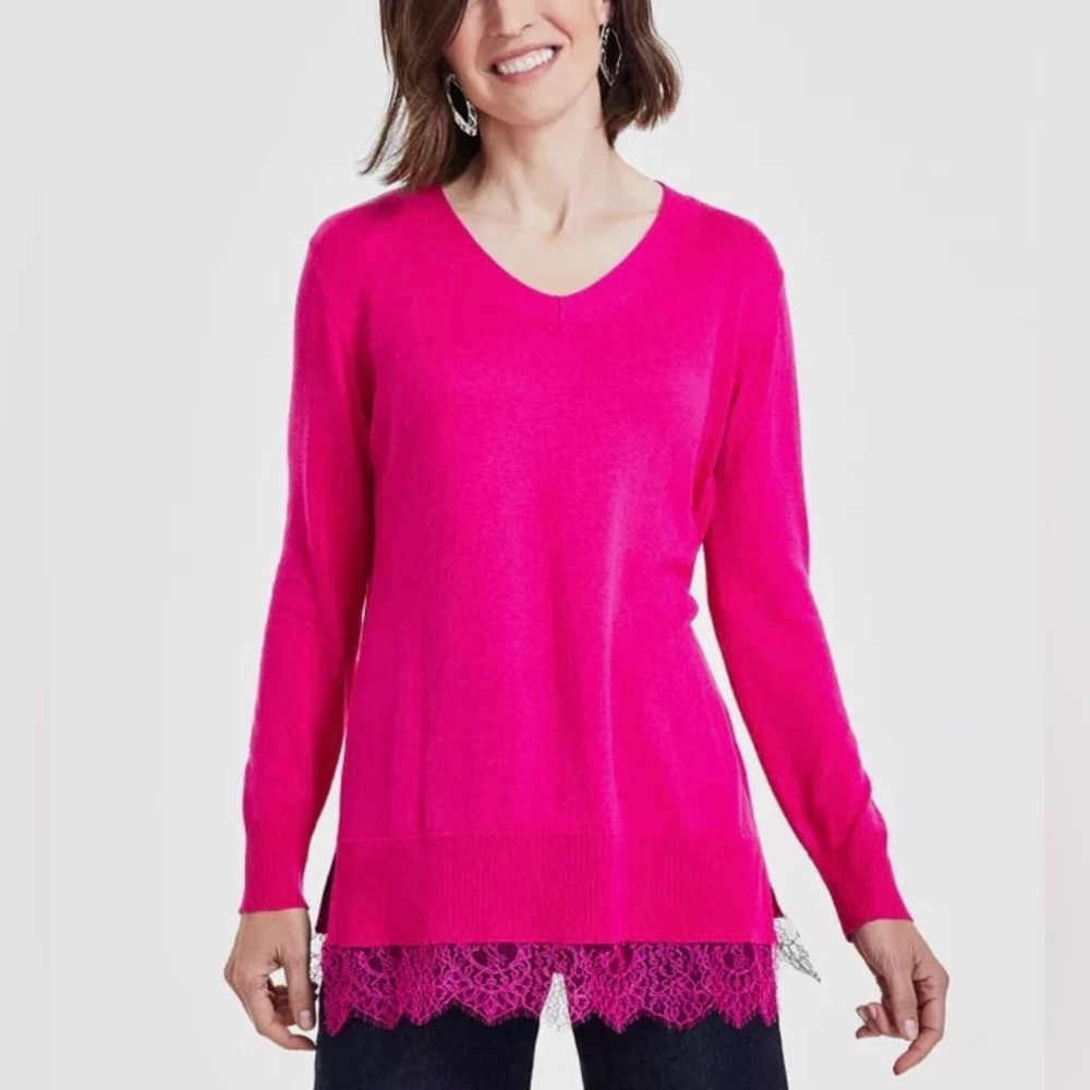 INC V-neck Long Sleeve Tunic Sweater Lace Trim in Hot Pink Women's Large
